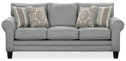 Made in Canada Tula 88" Fabric Sofa with Rolled Arms and Accent Pillows - Mist Grey  | Sofa Tula de 88 po fabriqué au Canada en tissu avec accoudoirs enroulés et coussins décoratifs - gris brume