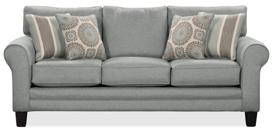 Made in Canada Tula 88" Fabric Sofa with Rolled Arms and Accent Pillows - Mist Grey  | Sofa Tula de 88 po fabriqué au Canada en tissu avec accoudoirs enroulés et coussins décoratifs - gris brume