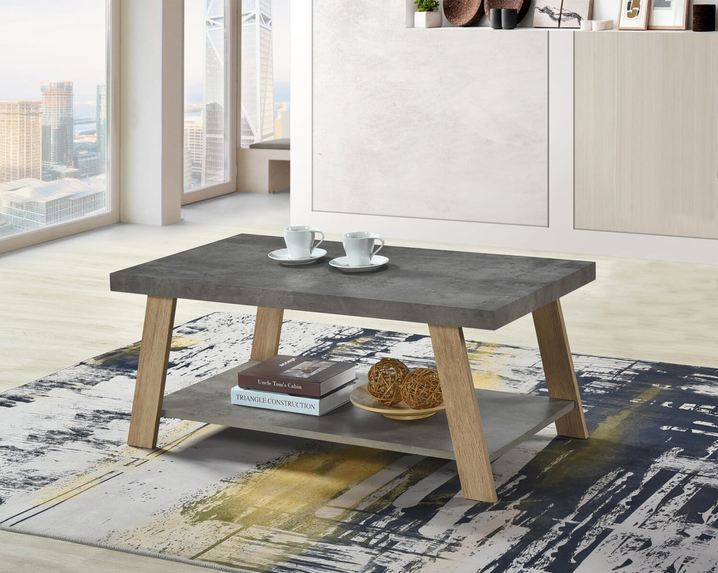Kelly 43.3" Modern Coffee Table with Shelf - Grey Stone Top with Light Wood Legs|Table à café moderne Kelly de 43,3 po avec tablette - dessus en pierre grise avec pattes en bois clair