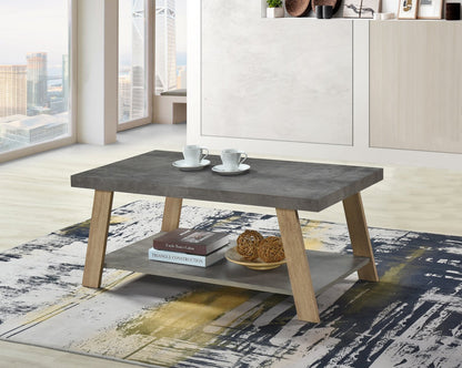 Kelly 43.3" Modern Coffee Table with Shelf - Grey Stone Top with Light Wood Legs|Table à café moderne Kelly de 43,3 po avec tablette - dessus en pierre grise avec pattes en bois clair