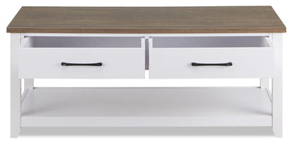 Kort & Co. Logan 23.25" Traditional Coffee Table with Storage and Shelf - White and Walnut Oak |Table à café traditionnelle Logan de Kort & Co. de 23,25 po avec rangement et tablette - blanche et chêne noyer