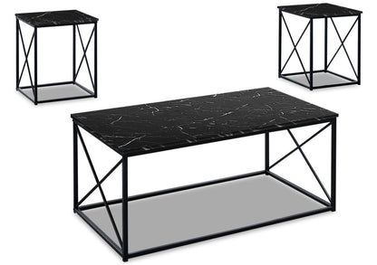 Kasey 42.25" Modern 3-Pack Coffee + 2 End Tables - Black Marble Look with Black Metal Base|Ensemble 3 tables modernes Kasey de 42,25 po (table à café et 2 tables de bout) - imitation de marbre noir avec base en métal noir