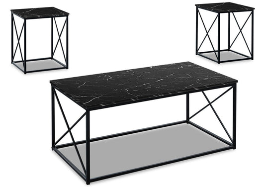 Kasey 42.25" Modern 3-Pack Coffee + 2 End Tables - Black Marble Look with Black Metal Base|Ensemble 3 tables modernes Kasey de 42,25 po (table à café et 2 tables de bout) - imitation de marbre noir avec base en métal noir