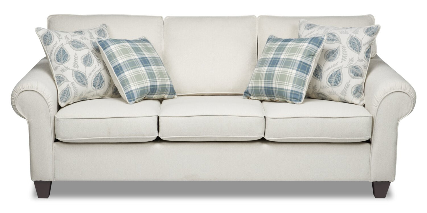 Made in Canada Scarlett 87" Chenille Fabric Sofa with Rolled Arms and Accent Pillows - Ecru Beige | Sofa Scarlett de 87 po fabriqué au Canada en tissu de chenille avec accoudoirs enroulés et coussins décoratifs - beige écru
