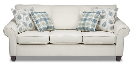 Made in Canada Scarlett 87" Chenille Fabric Sofa with Rolled Arms and Accent Pillows - Ecru Beige | Sofa Scarlett de 87 po fabriqué au Canada en tissu de chenille avec accoudoirs enroulés et coussins décoratifs - beige écru