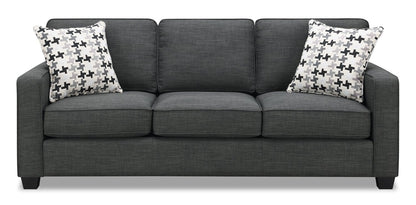 Made in Canada Sawyer 83" Linen-Look Fabric Sofa with Reversible Cushions and Accent Pillows - Charcoal Grey | Sofa Sawyer de 83 po fabriqué au Canada en tissu d’apparence lin avec coussins réversibles et coussins décoratifs - gris anthracite
