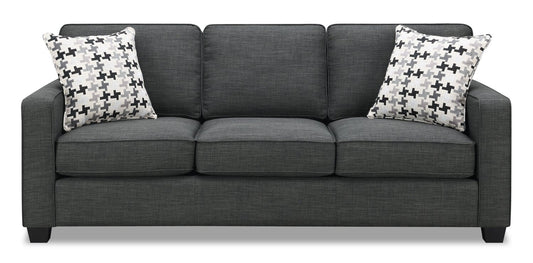 Made in Canada Sawyer 83" Linen-Look Fabric Sofa with Reversible Cushions and Accent Pillows - Charcoal Grey | Sofa Sawyer de 83 po fabriqué au Canada en tissu d’apparence lin avec coussins réversibles et coussins décoratifs - gris anthracite