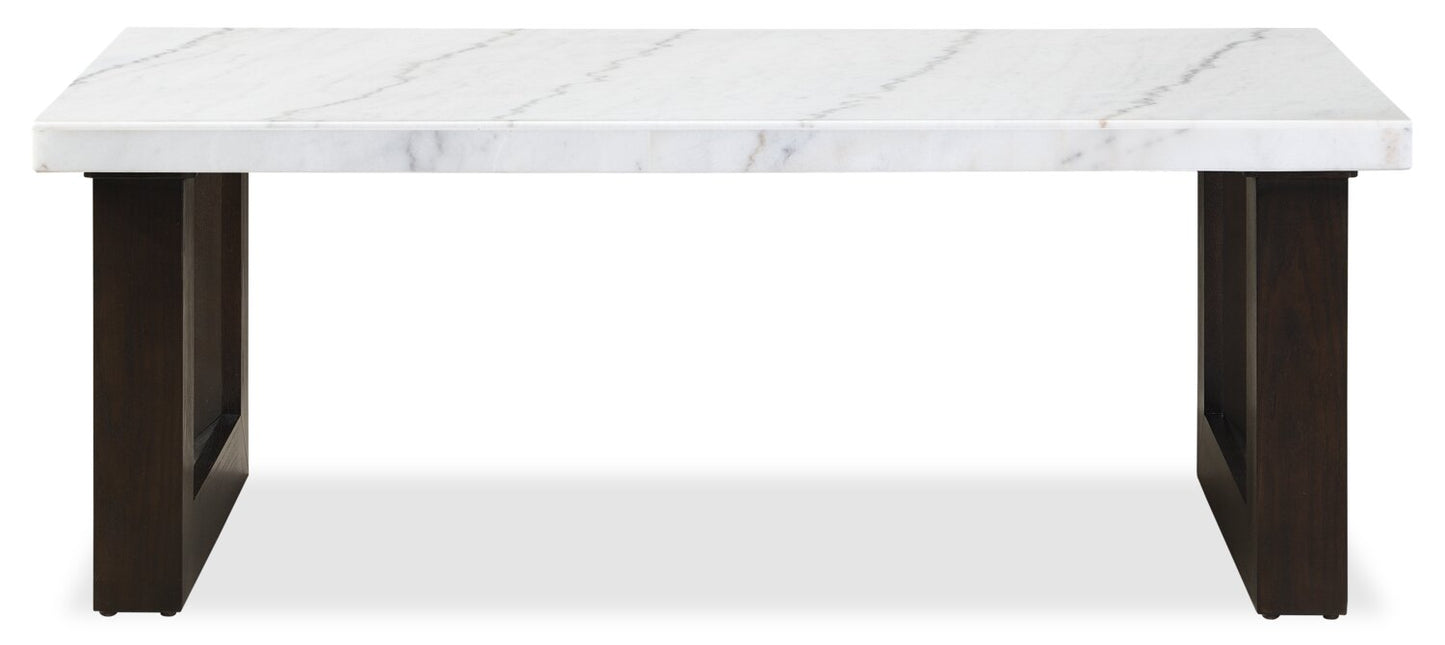 Silvia 48" Modern Coffee Table - White and Grey Marble Look with Brown Wood Legs|Table à café moderne Silvia de 48 po - imitation de marbre blanc et gris avec pattes en bois brun