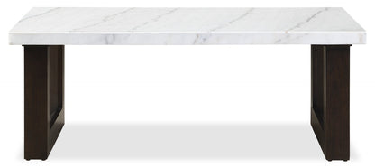 Silvia 48" Modern Coffee Table - White and Grey Marble Look with Brown Wood Legs|Table à café moderne Silvia de 48 po - imitation de marbre blanc et gris avec pattes en bois brun