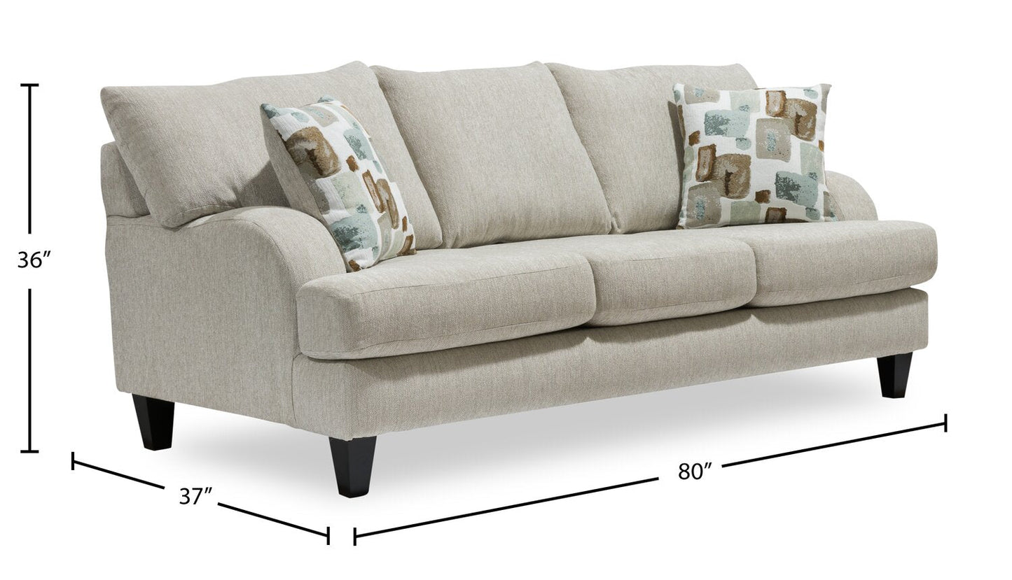 Made in Canada Nofia 80" Chenille Fabric Sofa with Two Accent Pillows and Wood Legs - Linen Beige | Sofa Nofia de 80 po fabriqué au Canada en tissu de chenille avec 2 coussins décoratifs et pattes en bois - beige lin