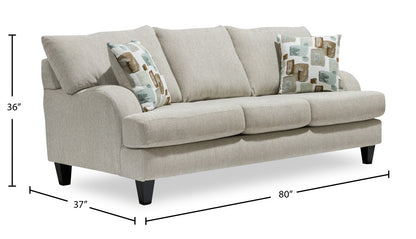 Made in Canada Nofia 80" Chenille Fabric Sofa with Two Accent Pillows and Wood Legs - Linen Beige | Sofa Nofia de 80 po fabriqué au Canada en tissu de chenille avec 2 coussins décoratifs et pattes en bois - beige lin