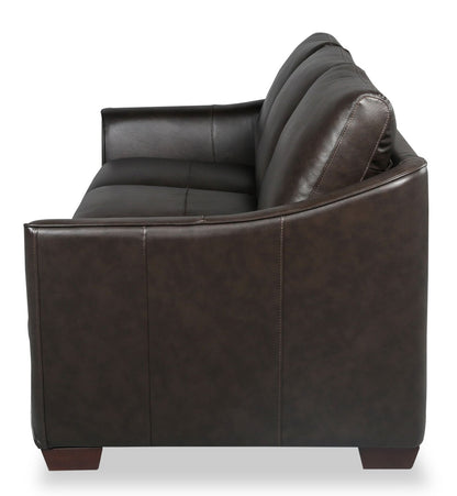 Cindy Crawford Home Royce 84" Genuine Leather Sofa with Removable Cushions and Wood Legs - Chocolate Brown | Sofa Royce de Cindy Crawford Home de 84 po en cuir véritable avec coussins amovibles et pattes en bois - brun chocolat