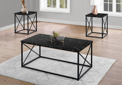 Kasey 42.25" Modern 3-Pack Coffee + 2 End Tables - Black Marble Look with Black Metal Base|Ensemble 3 tables modernes Kasey de 42,25 po (table à café et 2 tables de bout) - imitation de marbre noir avec base en métal noir