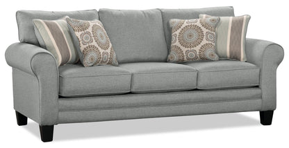 Made in Canada Tula 88" Fabric Sofa with Rolled Arms and Accent Pillows - Mist Grey  | Sofa Tula de 88 po fabriqué au Canada en tissu avec accoudoirs enroulés et coussins décoratifs - gris brume