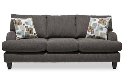 Made in Canada Nofia 80" Chenille Fabric Sofa with Two Accent Pillows and Wood Legs - Charcoal Grey | Sofa Nofia de 80 po fabriqué au Canada en tissu de chenille avec 2 coussins décoratifs et pattes en bois - gris anthracite