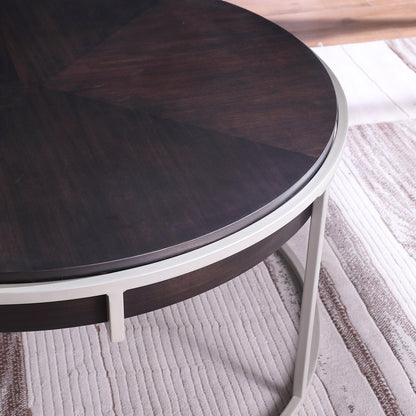 Jaida 38" Modern Round Coffee Table - Brown with Grey Metal Base | Table à café moderne Jaida ronde de 38 po - brune avec base en métal gris