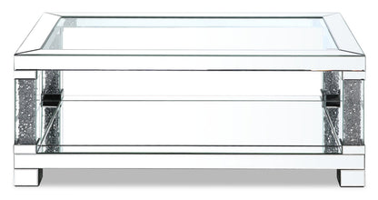 Berni 47.2" Glam Mirror & Glass Top Coffee Table with Shelf - Silver Metal with Diamond Look Legs|Table à café somptueuse Berni de 47,2 po avec dessus en miroir et en verre et tablette - métal argenté avec pattes à apparence de diamant