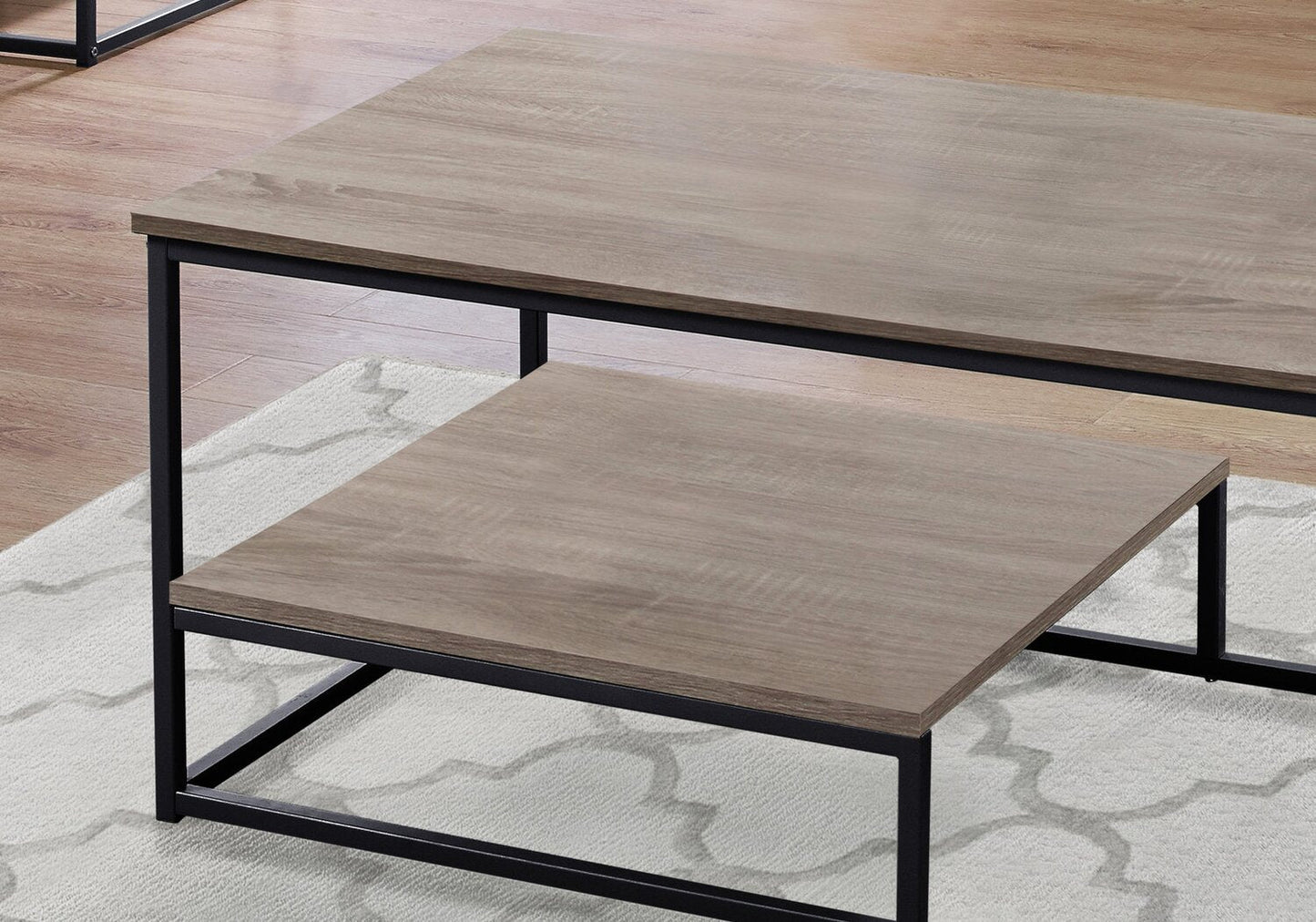 Jules 42.25" Modern 3-Pack Coffee + 2 End Tables with Shelf - Dark Taupe with Black Metal Frame|Ensemble 3 tables modernes Jules de 42,25 po (table à café et 2 tables de bout) avec tablette - taupe foncée avec armature en métal noir
