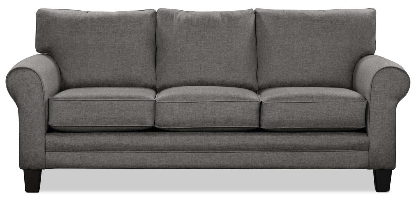 Made in Canada Tula 88" Fabric Sofa with Rolled Arms and Accent Pillows - Steel Grey | Sofa Tula de 88 po fabriqué au Canada en tissu avec accoudoirs enroulés et coussins décoratifs - gris acier