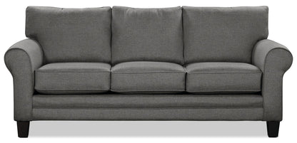 Made in Canada Tula 88" Fabric Sofa with Rolled Arms and Accent Pillows - Steel Grey | Sofa Tula de 88 po fabriqué au Canada en tissu avec accoudoirs enroulés et coussins décoratifs - gris acier