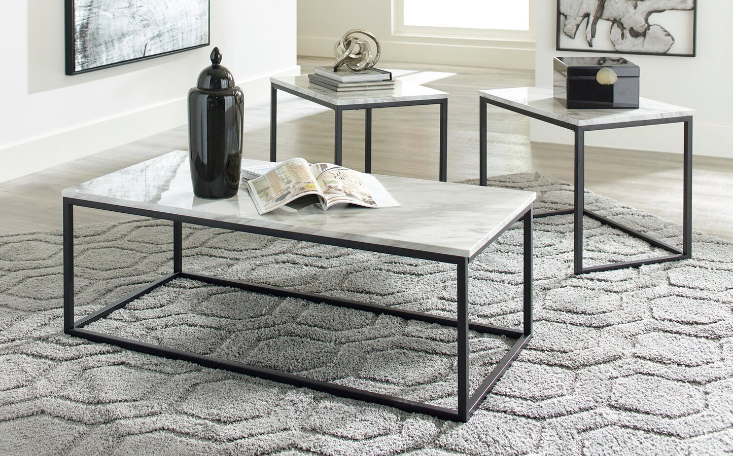 Donnesta 46" Modern 3-Pack Coffee + 2 End Tables - Marble Look with Black Metal Frame|Ensemble 3 tables modernes Donnesta de 46 po (table à café et 2 tables de bout) - imitation de marbre avec armature en métal noir