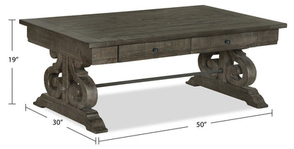 Bellamy 50" Traditional Coffee Table with Storage - Dark Brown Pine with Scroll Design Wood Base|Table à café traditionnelle Bellamy de 50 po avec rangement - pin brun foncé avec base en bois à volutes