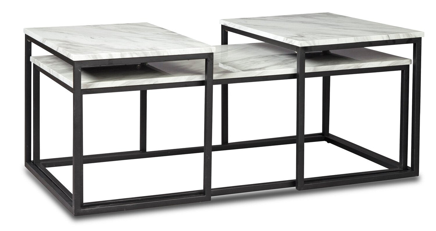 Donnesta 46" Modern 3-Pack Coffee + 2 End Tables - Marble Look with Black Metal Frame|Ensemble 3 tables modernes Donnesta de 46 po (table à café et 2 tables de bout) - imitation de marbre avec armature en métal noir