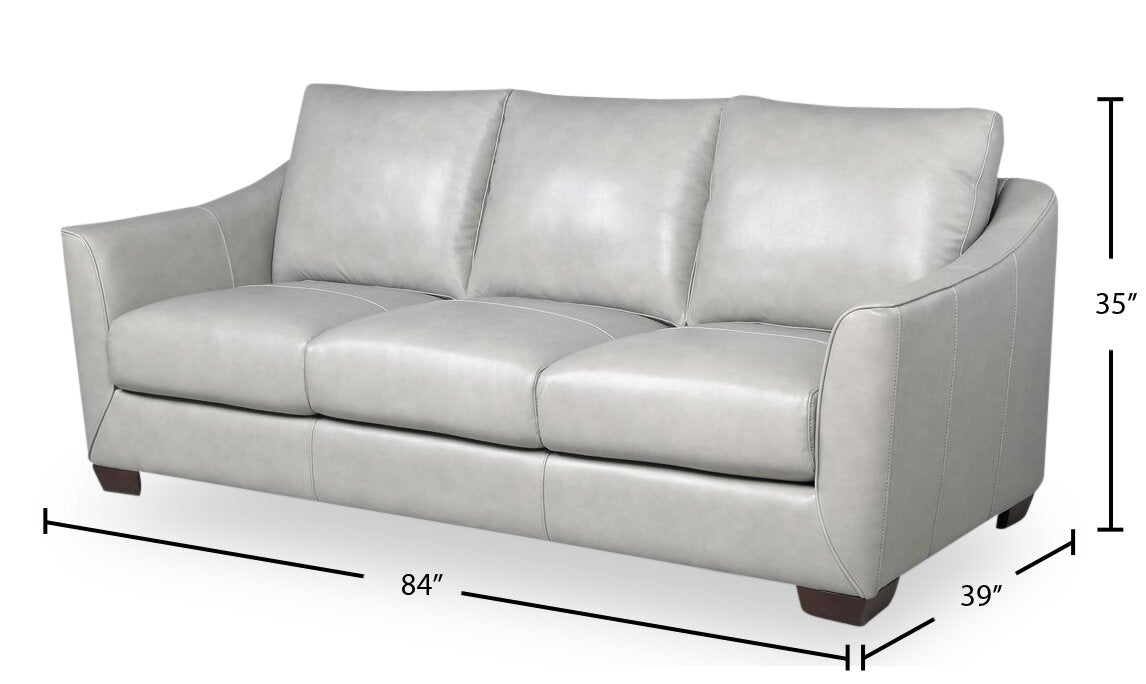 Cindy Crawford Home Royce 84" Genuine Leather Sofa with Removable Cushions and Wood Legs - Dove Grey | Sofa Royce de Cindy Crawford Home de 84 po en cuir véritable avec coussins amovibles et pattes en bois - gris tourterelle