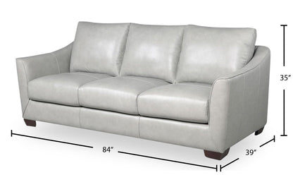Cindy Crawford Home Royce 84" Genuine Leather Sofa with Removable Cushions and Wood Legs - Dove Grey | Sofa Royce de Cindy Crawford Home de 84 po en cuir véritable avec coussins amovibles et pattes en bois - gris tourterelle