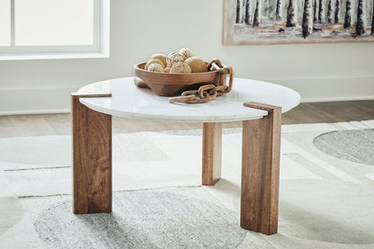 Merlin 33” Round Solid Wood and Marble Coffee Table - White and Brown | Table à café ronde Merlin de 33 po en bois massif et en marbre - blanche et brune
