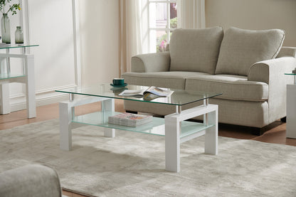 Harvy  47.25" Modern Glass Top Coffee Table with Shelf - White |Table à café moderne Harvy de 47,25 po avec dessus en verre et tablette - blanche