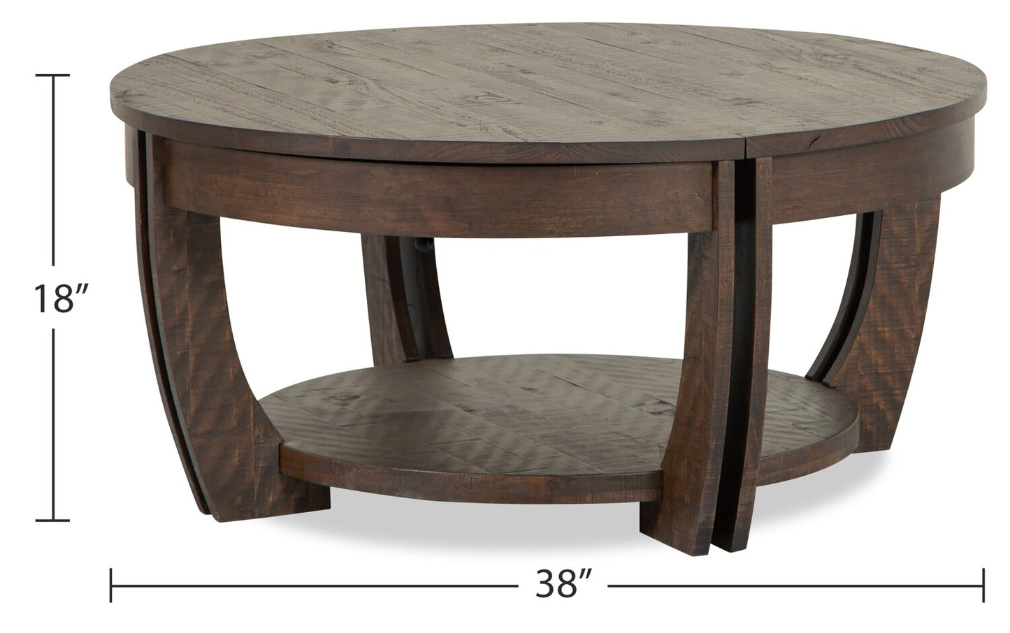 Lyndale 38" Traditional Round Lift Top Coffee Table with Storage and Shelf - Brown Pine|Table à café ronde traditionnelle Lyndale de 38 po avec dessus relevable, rangement et tablette - pin brun