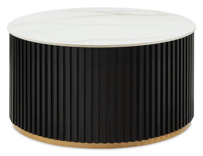 Kort & Co. Capri 32” Modern Round Coffee Table with White Sintered Stone Top and Casters - Black and Gold | Table à café ronde moderne Capri de Kort & Co. de 32 po avec dessus en pierre frittée blanche et roulettes - noire et dorée
