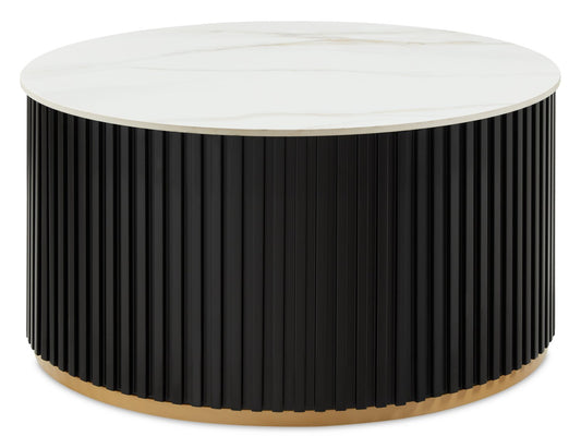 Kort & Co. Capri 32” Modern Round Coffee Table with White Sintered Stone Top and Casters - Black and Gold | Table à café ronde moderne Capri de Kort & Co. de 32 po avec dessus en pierre frittée blanche et roulettes - noire et dorée