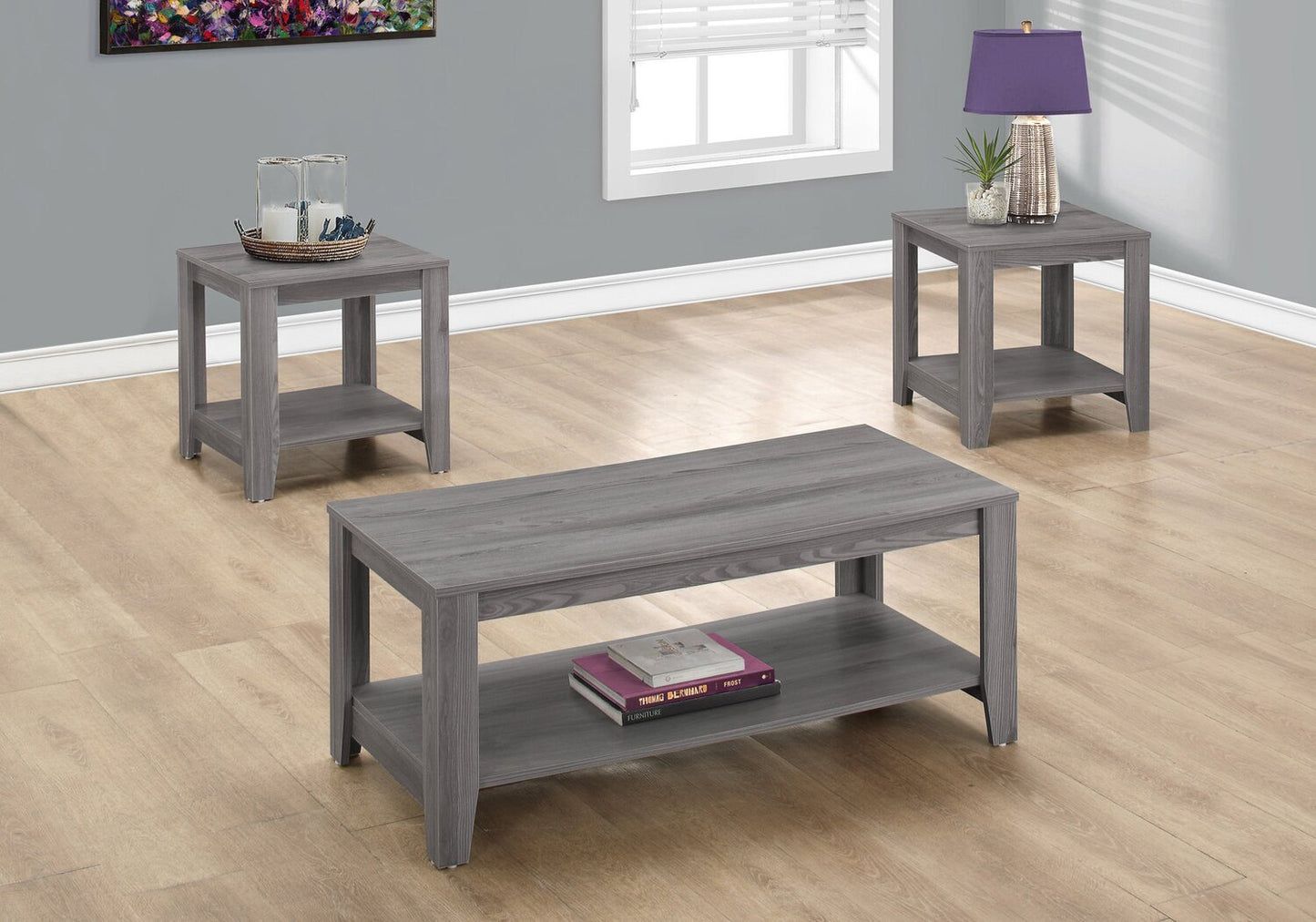 Kalen 42" Modern 3-Pack Coffee + 2 End Tables with Shelf - Grey |Ensemble 3 tables modernes Kalen de 42 po (table à café et 2 tables de bout) avec tablette - gris