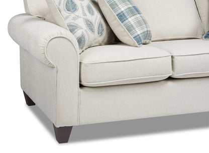 Made in Canada Scarlett 87" Chenille Fabric Sofa with Rolled Arms and Accent Pillows - Ecru Beige | Sofa Scarlett de 87 po fabriqué au Canada en tissu de chenille avec accoudoirs enroulés et coussins décoratifs - beige écru