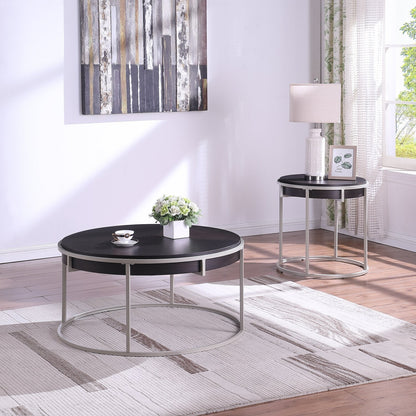 Jaida 38" Modern Round Coffee Table - Brown with Grey Metal Base | Table à café moderne Jaida ronde de 38 po - brune avec base en métal gris