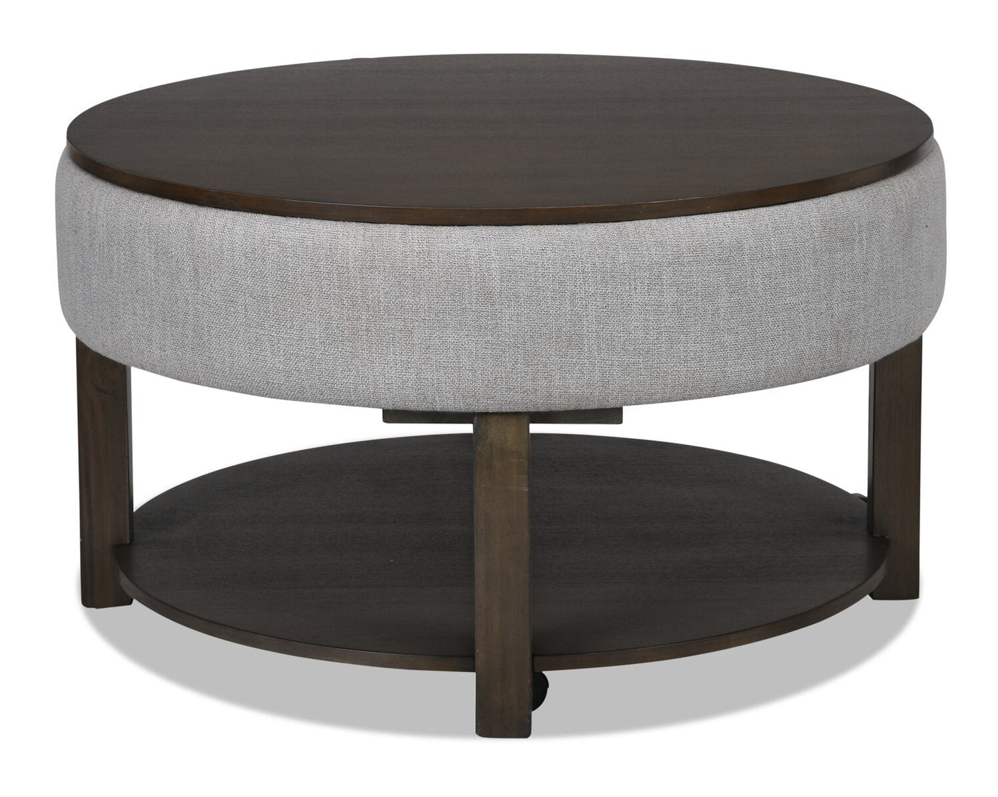 Elroy 33" Rustic Round Lift Top Coffee Table With Storage, Shelf and Casters - Brown and Grey with Fabric Edge|Table à café ronde rustique Elroy de 33 po avec dessus relevable, rangement, tablette et roulettes - brune et grise avec bordure en tissu