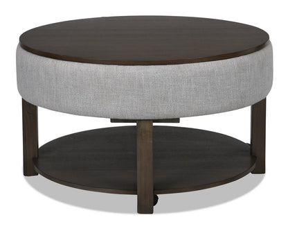 Elroy 33" Rustic Round Lift Top Coffee Table With Storage, Shelf and Casters - Brown and Grey with Fabric Edge|Table à café ronde rustique Elroy de 33 po avec dessus relevable, rangement, tablette et roulettes - brune et grise avec bordure en tissu