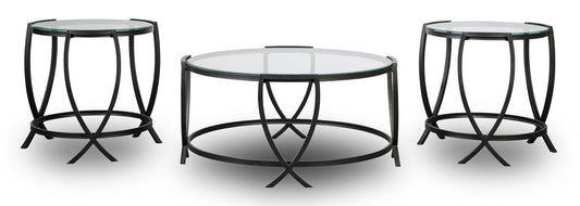 Tarrin 36.13" Modern Round 3-Pack Coffee + 2 End Tables - Glass Top with Metal Legs|Ensemble 3 tables rondes modernes Tarrin de 36,13 po (table à café et 2 tables de bout) - dessus en verre avec pattes en métal