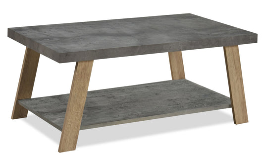Kelly 43.3" Modern Coffee Table with Shelf - Grey Stone Top with Light Wood Legs|Table à café moderne Kelly de 43,3 po avec tablette - dessus en pierre grise avec pattes en bois clair
