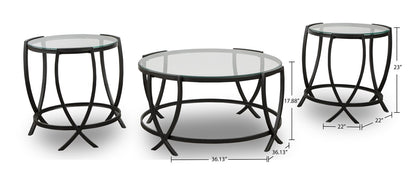 Tarrin 36.13" Modern Round 3-Pack Coffee + 2 End Tables - Glass Top with Metal Legs|Ensemble 3 tables rondes modernes Tarrin de 36,13 po (table à café et 2 tables de bout) - dessus en verre avec pattes en métal