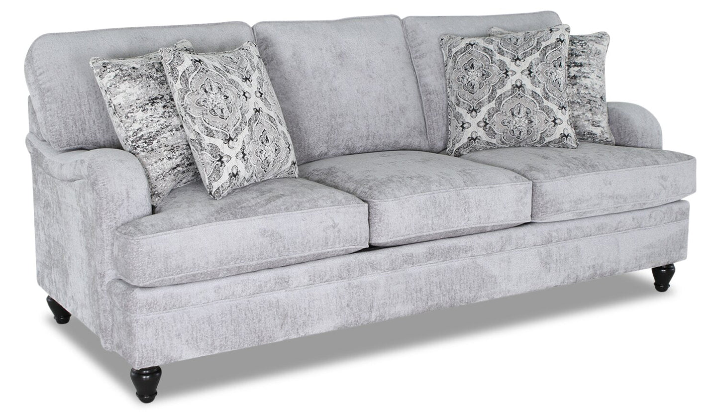 Made in Canada Bellmont 89" Chenille Fabric Sofa with Reversible Cushions and Wood Legs - Platinum Grey | Sofa Bellmont de 89 po fabriqué au Canada en tissu de chenille avec coussins réversibles et pattes en bois - gris platine