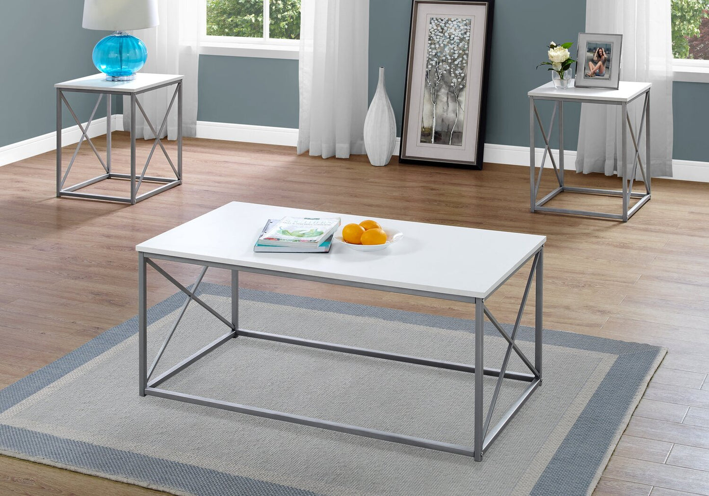 Kasey 42.25" Modern 3-Pack Coffee + 2 End Tables - White with Grey Metal Base|Ensemble 3 tables modernes Kasey de 42,25 po (table à café et 2 tables de bout) - blanc avec base en métal gris
