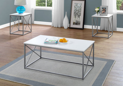 Kasey 42.25" Modern 3-Pack Coffee + 2 End Tables - White with Grey Metal Base|Ensemble 3 tables modernes Kasey de 42,25 po (table à café et 2 tables de bout) - blanc avec base en métal gris