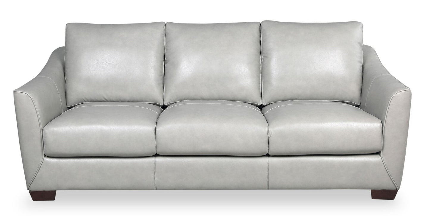 Cindy Crawford Home Royce 84" Genuine Leather Sofa with Removable Cushions and Wood Legs - Dove Grey | Sofa Royce de Cindy Crawford Home de 84 po en cuir véritable avec coussins amovibles et pattes en bois - gris tourterelle