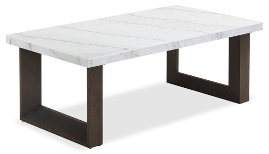 Silvia 48" Modern Coffee Table - White and Grey Marble Look with Brown Wood Legs|Table à café moderne Silvia de 48 po - imitation de marbre blanc et gris avec pattes en bois brun