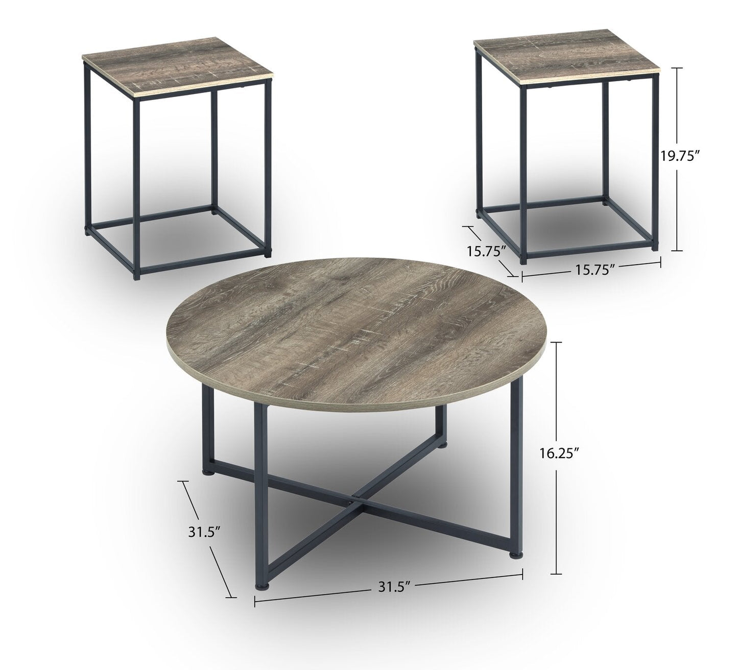 Wadeworth 31.5" Rustic 3-Pack Coffee + 2 End Tables - Taupe with Metal Legs|Ensemble 3 tables rustiques Wadeworth de 31,5 po (table à café et 2 tables de bout) - taupe avec pattes en métal