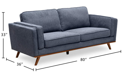 Kort & Co. Kassia 80" Linen-Look Fabric Condo Size Sofa with Wood Base and Legs - Blue | Sofa Kassia de Kort & Co. de 80 po de format condo en tissu d’apparence lin avec base et pattes en bois - bleu