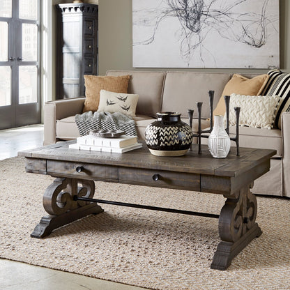 Bellamy 50" Traditional Coffee Table with Storage - Dark Brown Pine with Scroll Design Wood Base|Table à café traditionnelle Bellamy de 50 po avec rangement - pin brun foncé avec base en bois à volutes